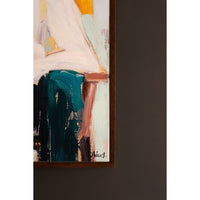 painting with a focus on a person wearing a white top and green pants, framed in brown.