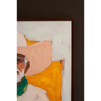 art piece with a mix of colors and textures in a dark frame.