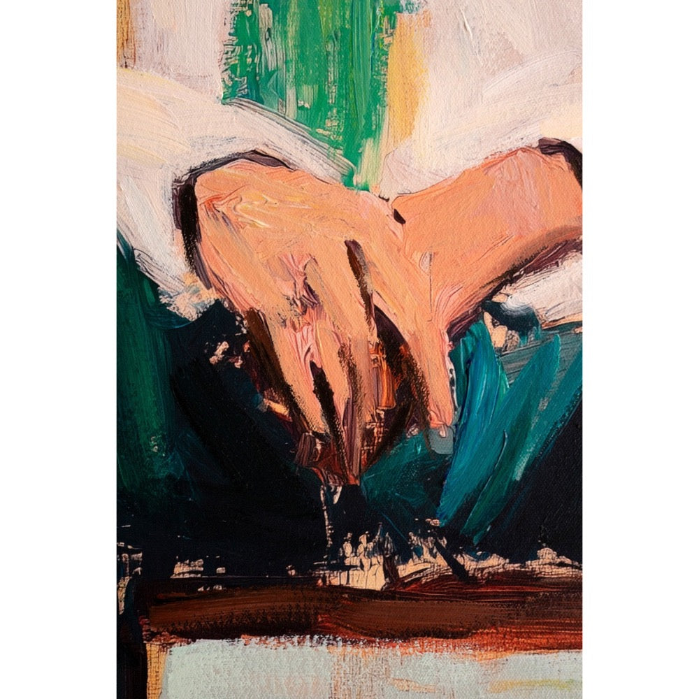 close up painting of hands with a mix of colors on a white background