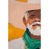 Abstract painting of a face with a green garment on a white background