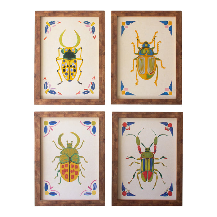 Four framed illustrations of colorful beetles on a white background