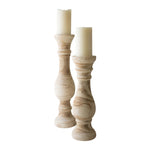 Two Kalalou Hand Carved Wooden Candle Stands with white candles 