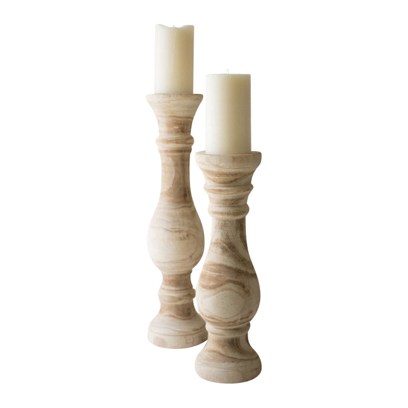 Two Kalalou Hand Carved Wooden Candle Stands with white candles 