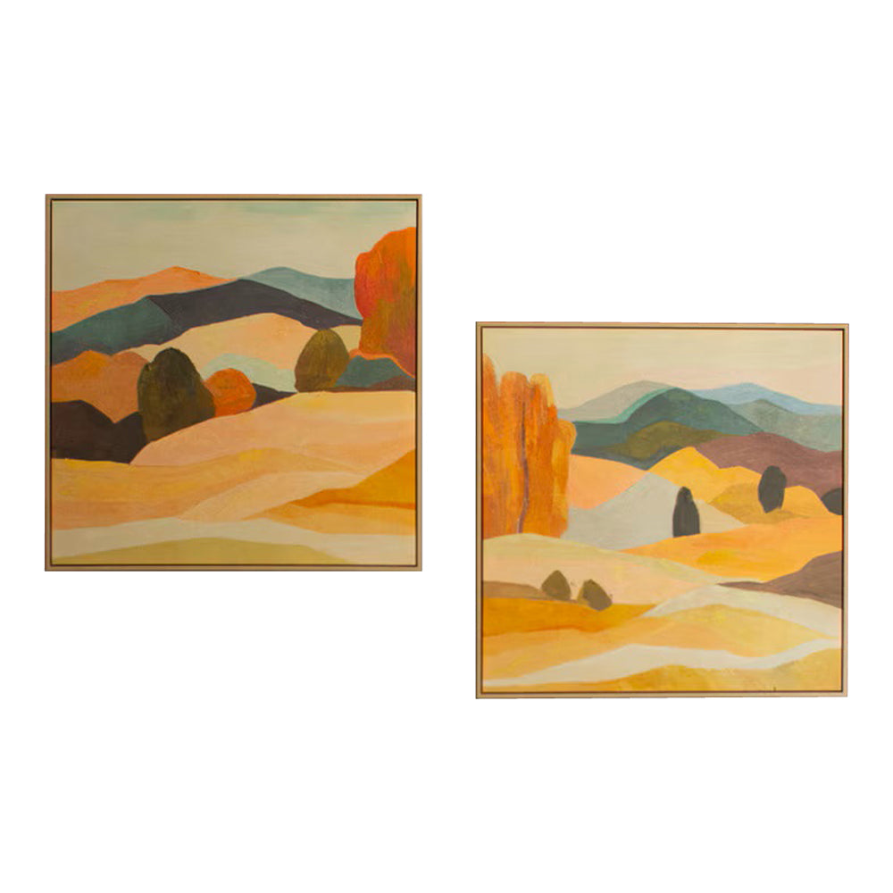 Two abstract landscape paintings with warm colors on a white background