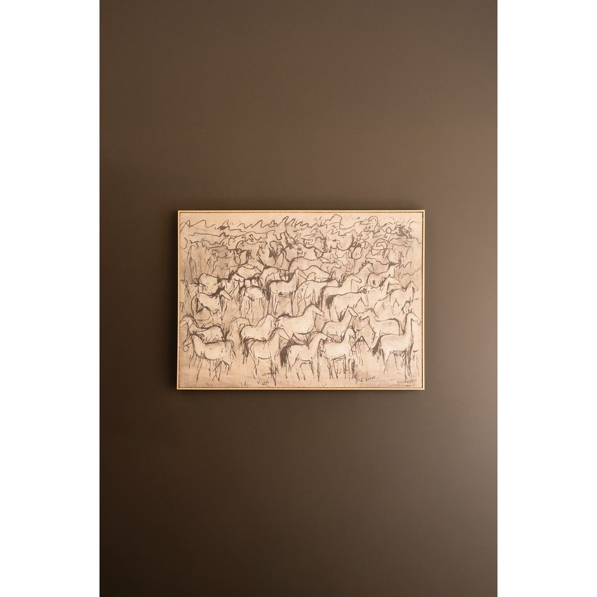 abstract painintg of horses on a brown wall