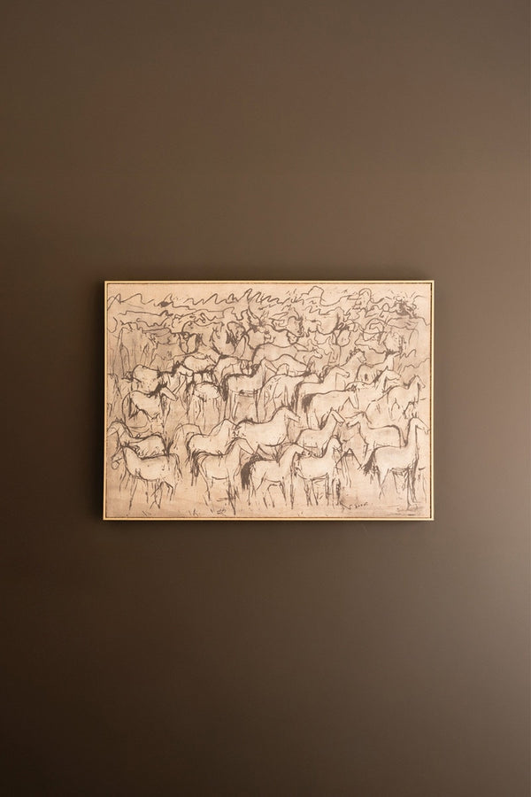 abstract painintg of horses on a brown wall
