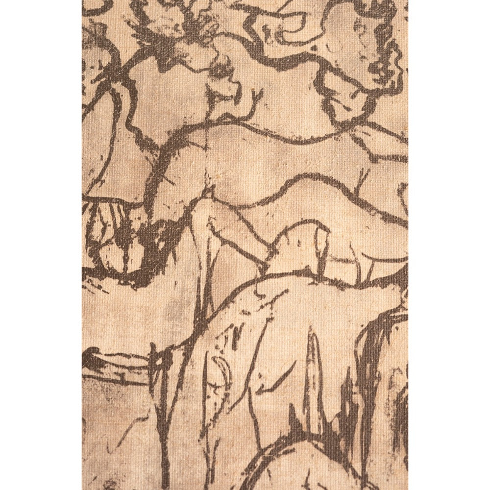 Artistic depiction of a figure in a dynamic pose on textured beige paper.
