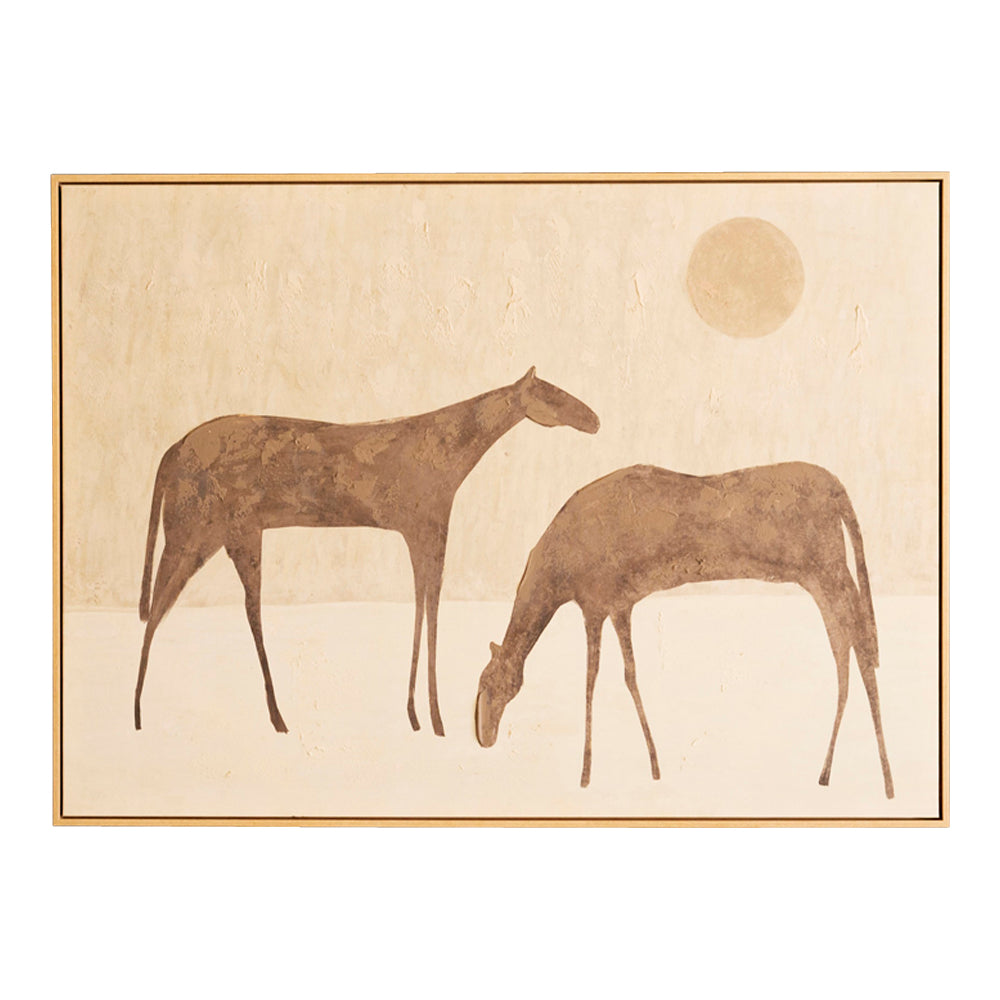 Artistic depiction of two horses on a beige background with a gold frame.