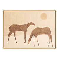 Artistic depiction of two horses on a beige background with a gold frame.