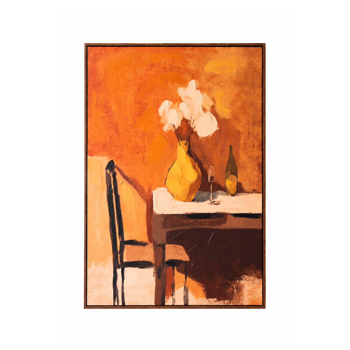 A framed still life painting featuring a yellow vase with white flowers on a table, alongside a wine glass and bottle, set against a warm orange and brown background.