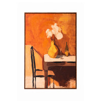 A framed still life painting featuring a yellow vase with white flowers on a table, alongside a wine glass and bottle, set against a warm orange and brown background.