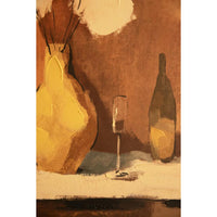 A still life painting depicting a yellow vase with dried stems, a clear wine glass, and a dark bottle on a cream-colored surface against a warm brown background.