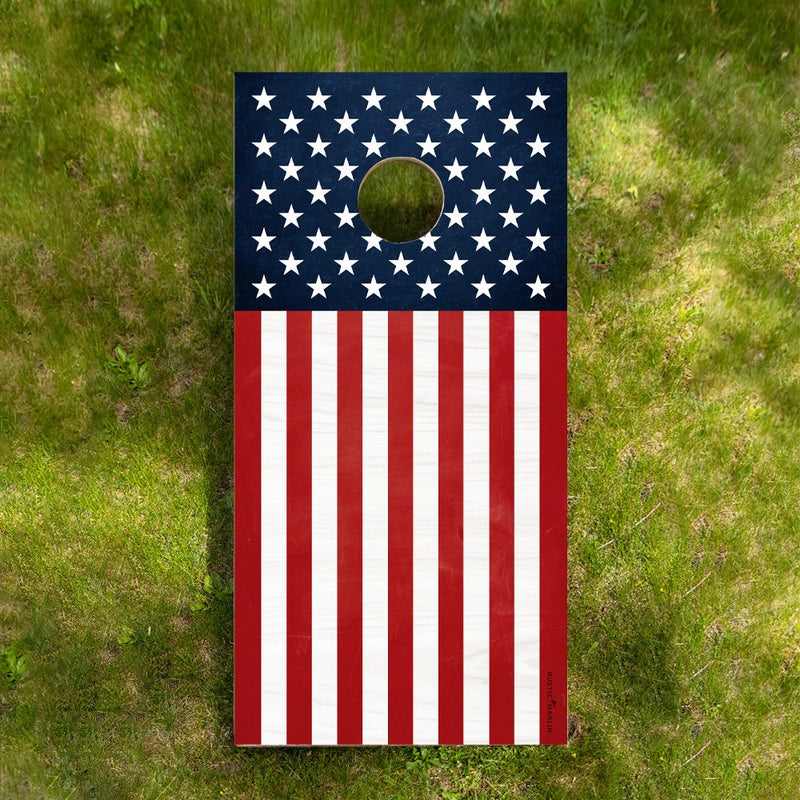 cornhole game set bean bag toss flag white blue red