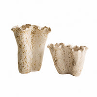Two sculptural ceramic vases with a wavy, ruffled rim and a speckled cream glaze with gold-brown flecks, shown on a plain white background.