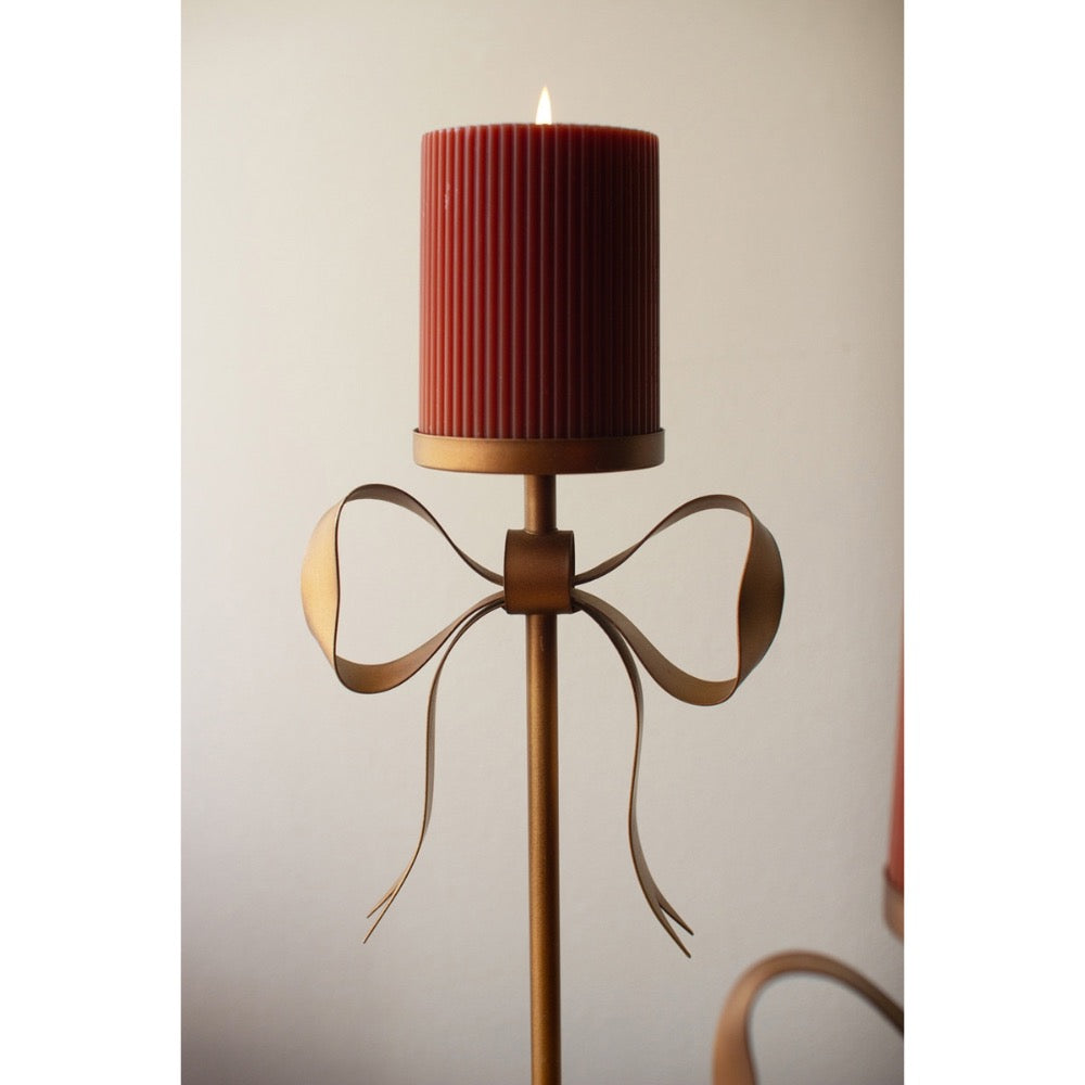 antique brass pillar candle holder bow set