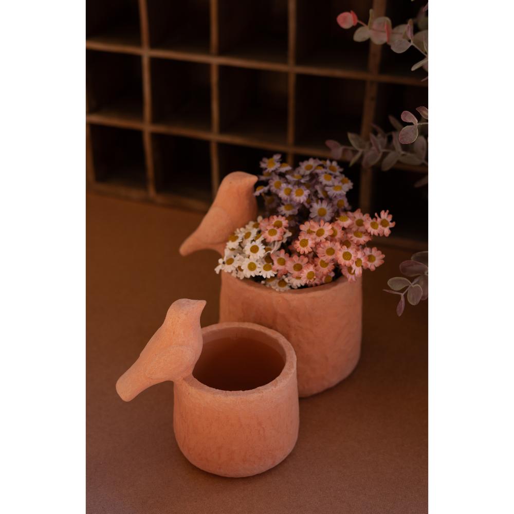 Two terracotta pots with bird shapes on a wooden surface.