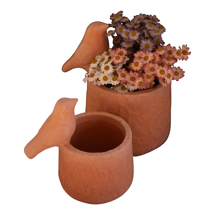 Two terracotta pots, one with a bird design, filled with flowers on a white background.