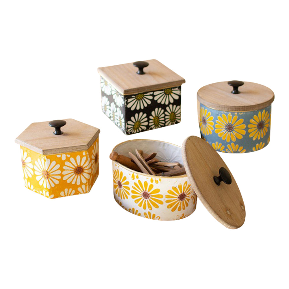 metal canisters lids floral design round colorful