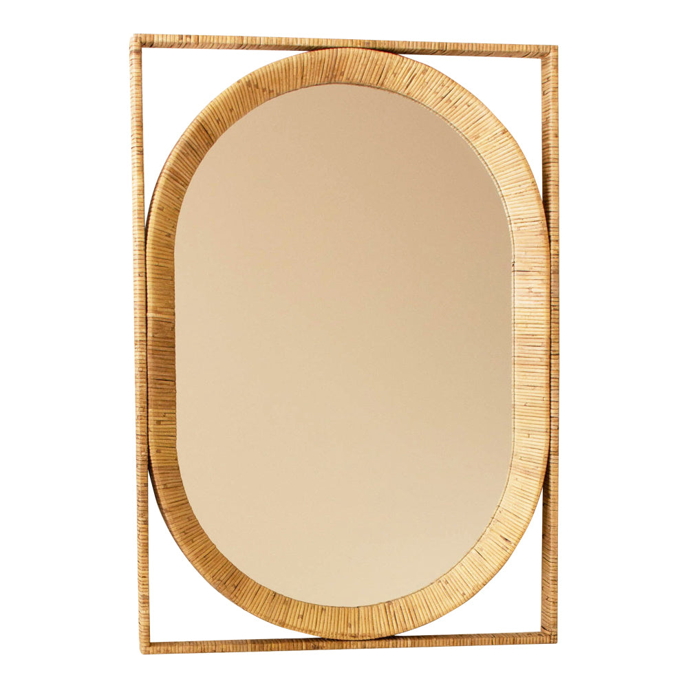 Oval mirror with wicker frame on a white background