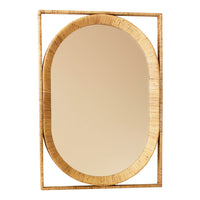 Oval mirror with wicker frame on a white background