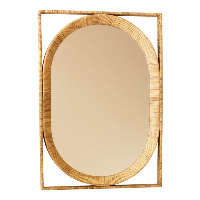Oval mirror with wicker frame on a white background