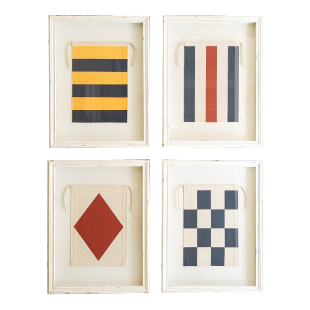 Kalalou's set of 4 Framed Nautical Canvas Flags adds charm to any dark wall, perfect for maritime enthusiasts.