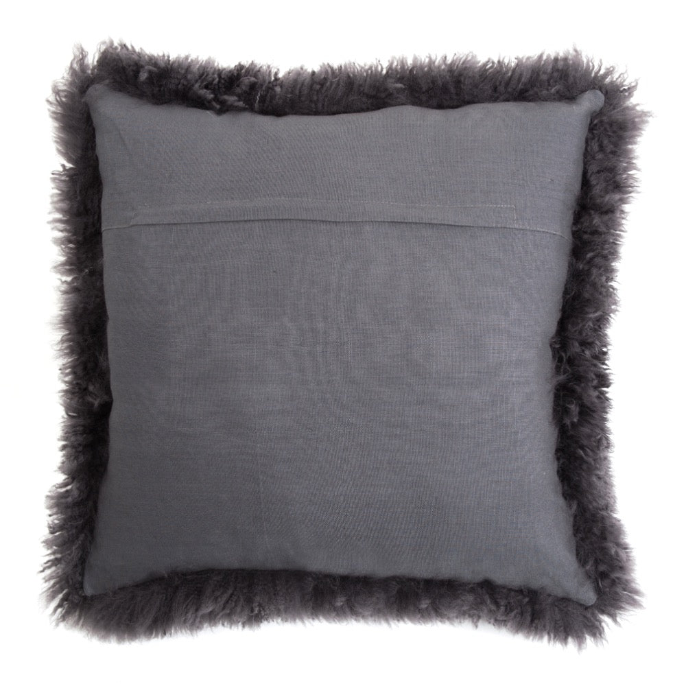 long wool sheepskin pillow flax linen back gray 