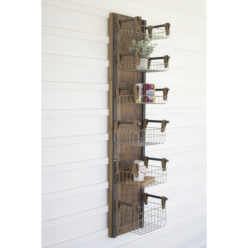 wall rack storage baskets wire metal wood 