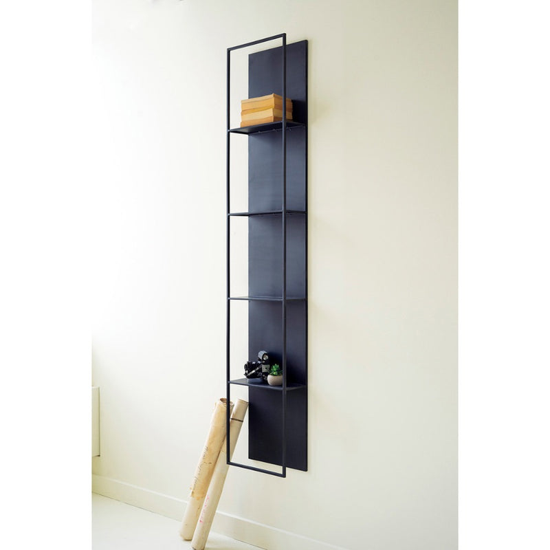 tall black metal four tiered wall shelf