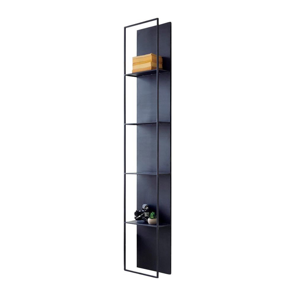 tall black metal four tiered wall shelf