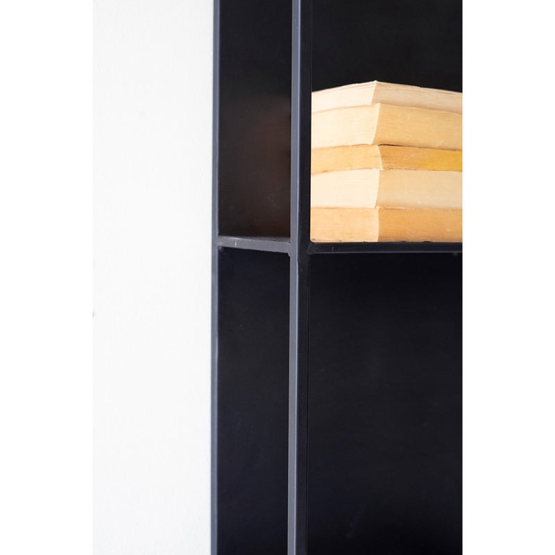tall black metal four tiered wall shelf
