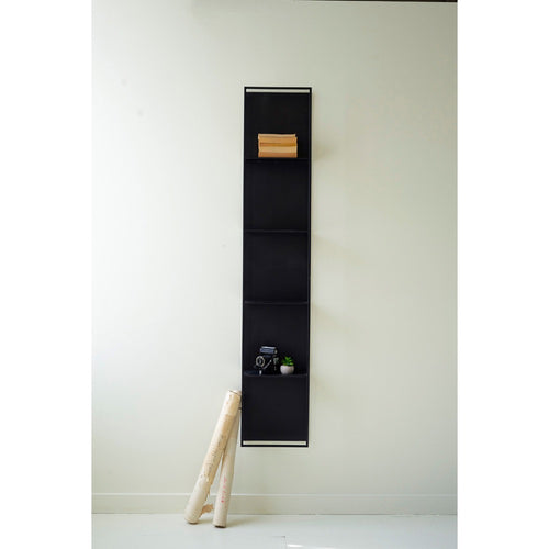 tall black metal four tiered wall shelf