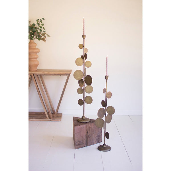set of 2 antique brass candle holders round discs