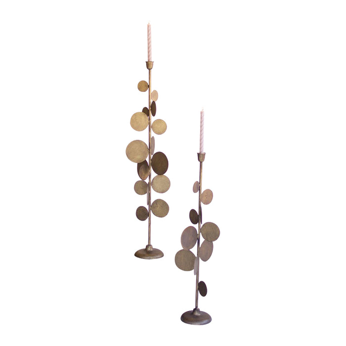 set of 2 antique brass candle holders round discs