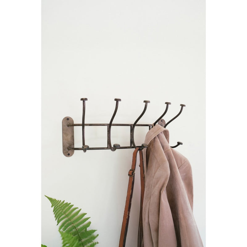 A Kalalou Curved Iron Wall Coat Rack in the entryway displays a coat and bag near a lush green fern plant.