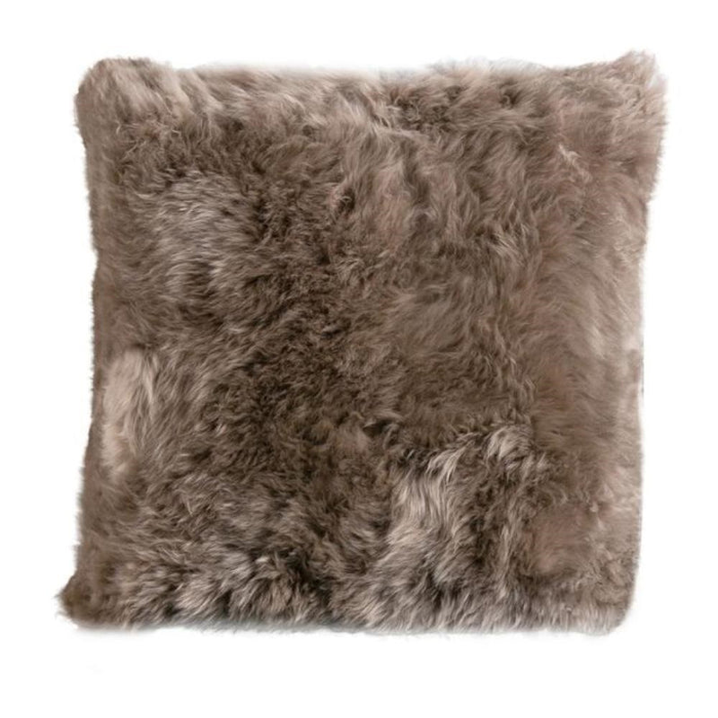 A square Longwool Sheepskin Pillow by Auskin with a luxurious alpine-lodge-style soft brown texture.