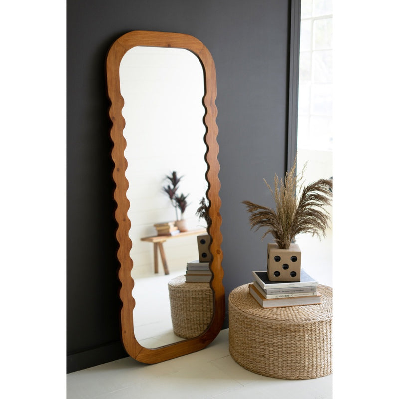 full length floor mirror wavy edge wood neutral