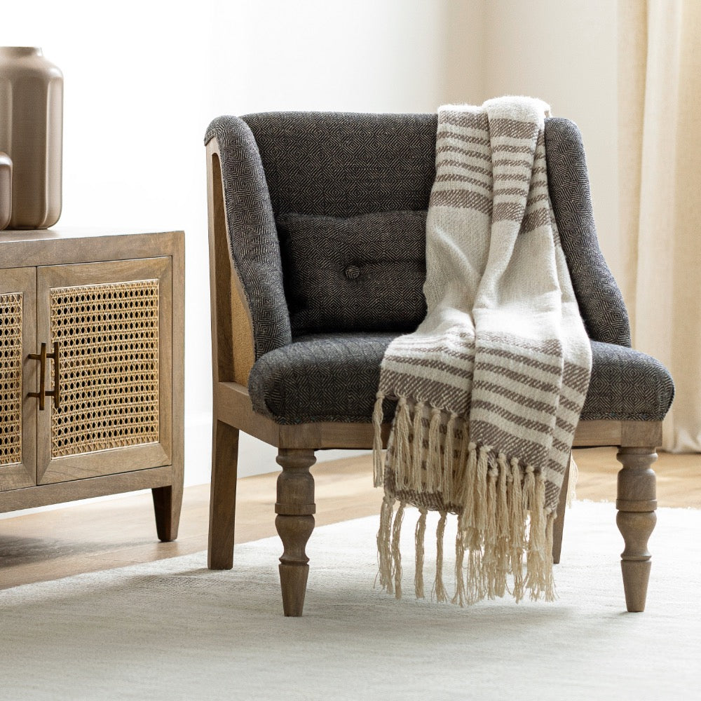hand woven neutral throw blanket fringe