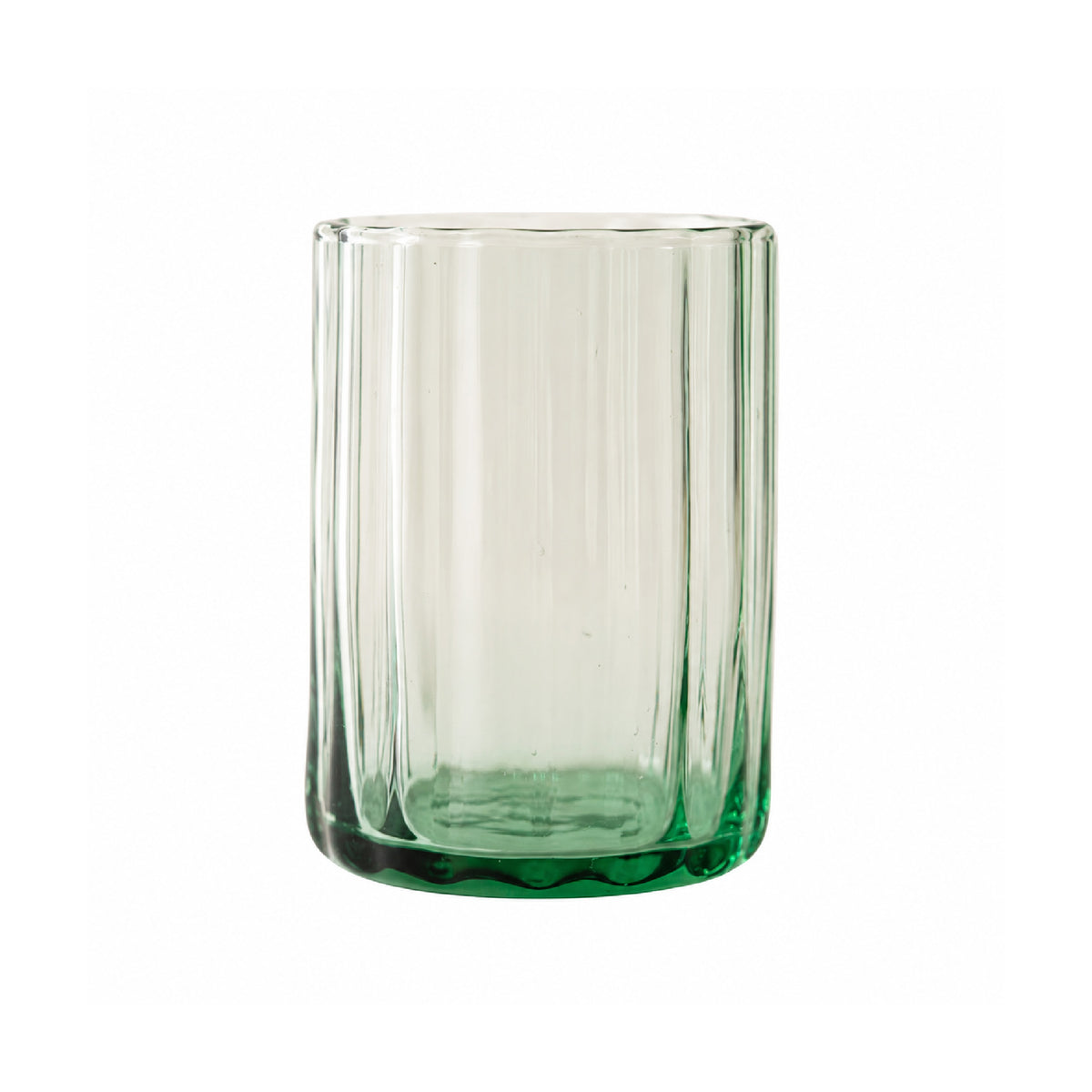 A clear green-tinted glass tumbler with a ribbed vertical texture and a thick, rounded base, shown on a solid white background.