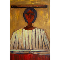 Abstract painting of a figure with a shelf on a yellow background