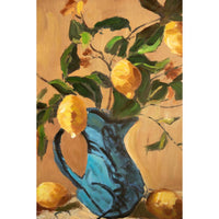 An oil painting of a blue pitcher filled with lemons and green leaves, set against a warm beige background.