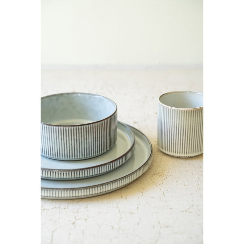 Kalalou Glacier Ceramic Dinner Collection (set of 6) features light grey dinnerware with a ribbed ceramic, striped surface.