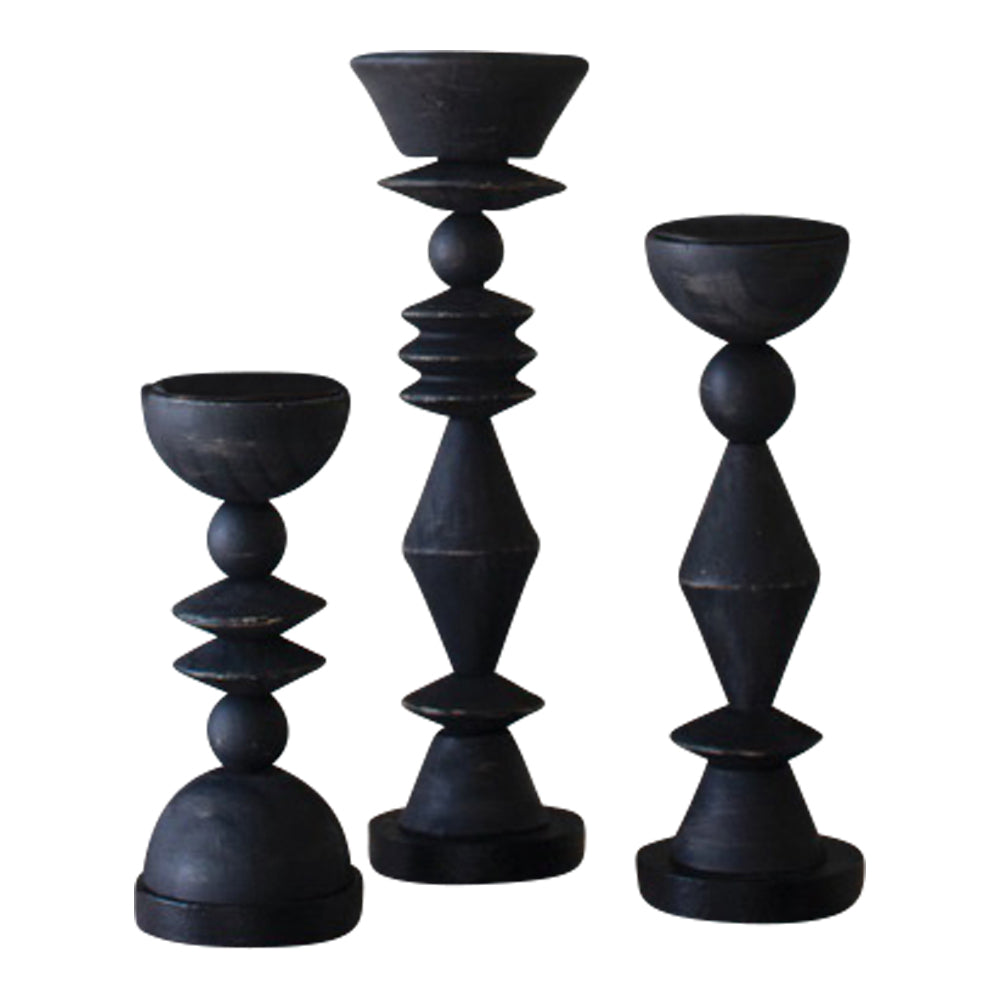 black turned wood candle holders set of three