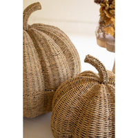 Two woven natural-fiber decorative pumpkins with short stems, shown in a warm neutral indoor setting with a blurred dried floral arrangement in the background.