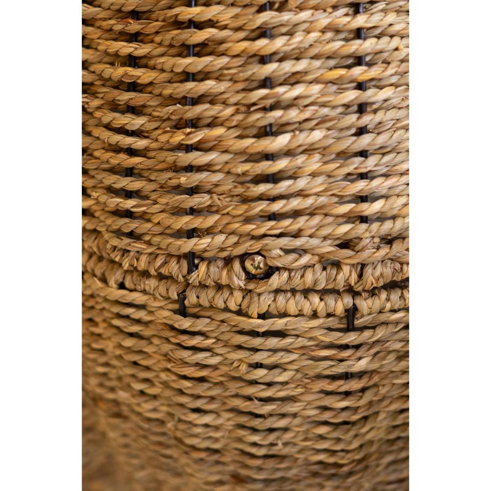 Close-up of a woven natural fiber basket showing the detailed texture of the tan and brown rope material.