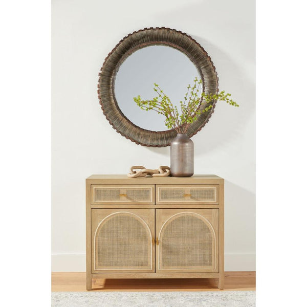 cane media cabinet two door brushed gold hardware smoke gray oak