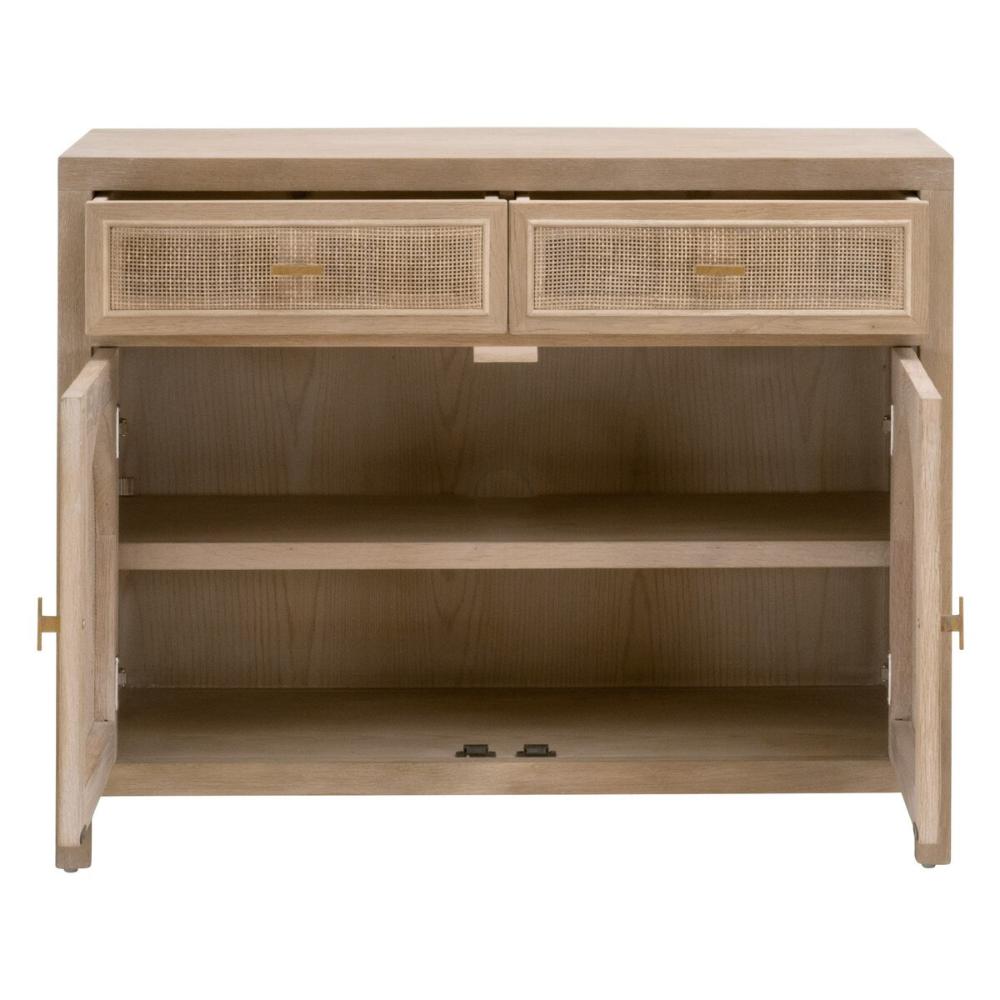 cane media cabinet two door brushed gold hardware smoke gray oak