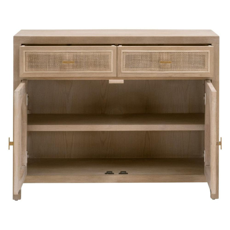 cane media cabinet two door brushed gold hardware smoke gray oak