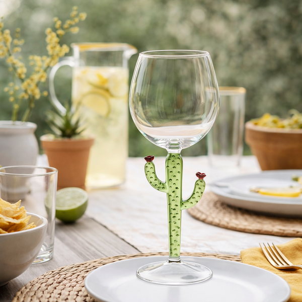 wine glass aztec cactus green pink handmade on a set, outside table