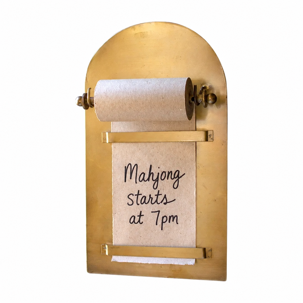 Kalalou Wall Mounted Antique Brass Magnetic Note Roll with handwritten note: "Mahjong starts at 7pm.